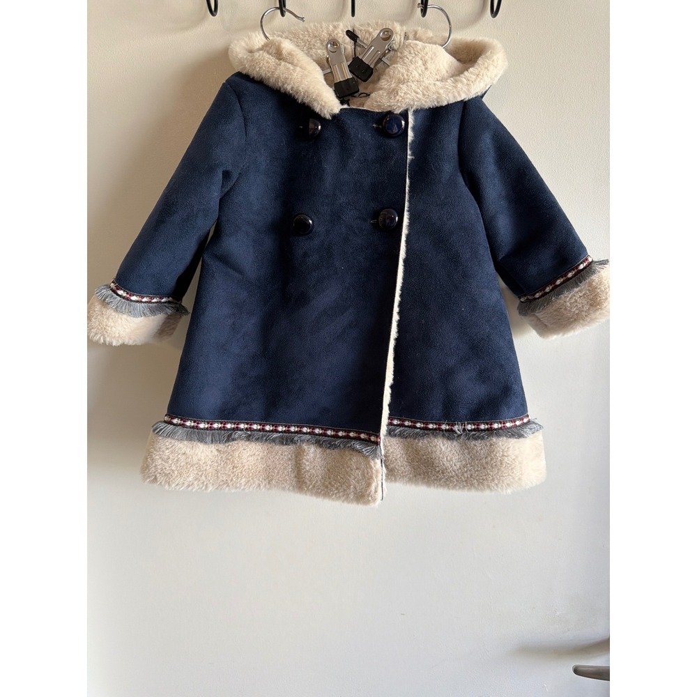 Foque Navy Blue Faux Suede Fur Lined Hooded Coat 18M Double Breasted Trim